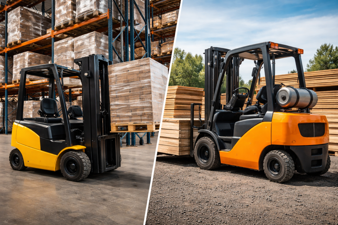 Electric forklift operating inside a warehouse and gas-powered forklift working outdoors in a lumber yard.