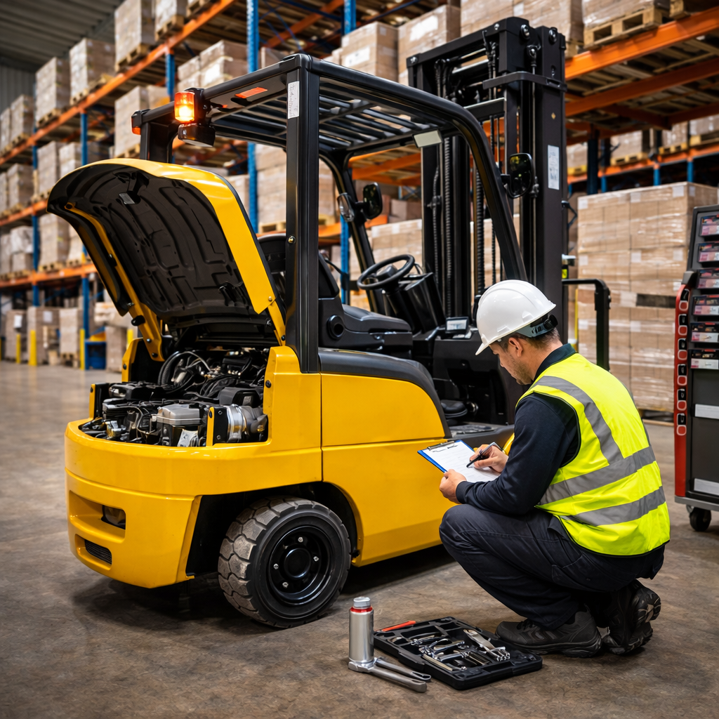 forklift maintenance inspection in warehouse with technician servicing equipment
