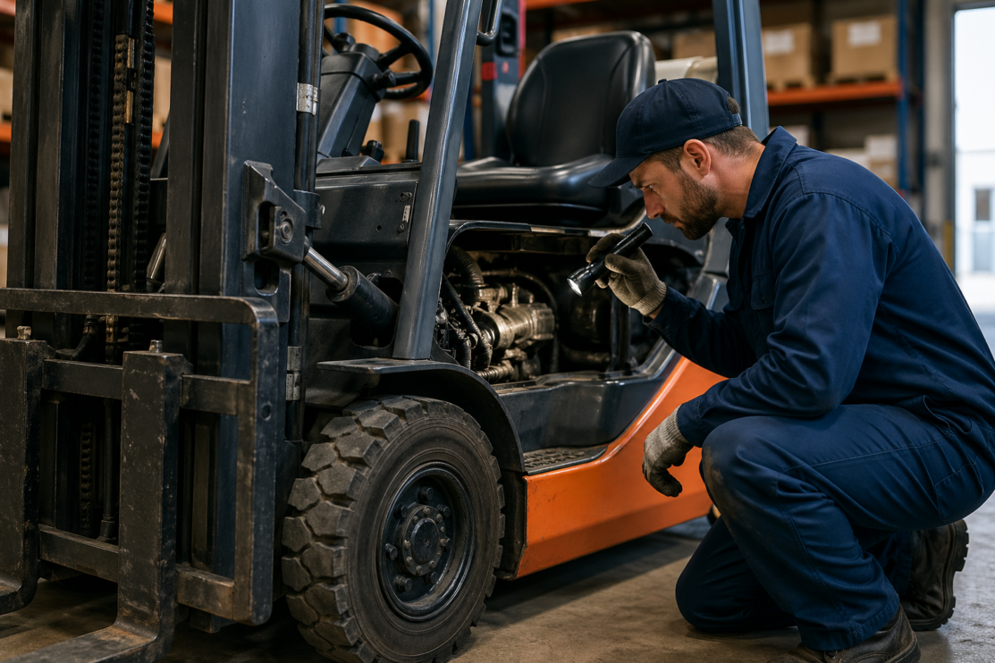 Technician inspecting forklift hydraulic system in warehouse to identify maintenance issues