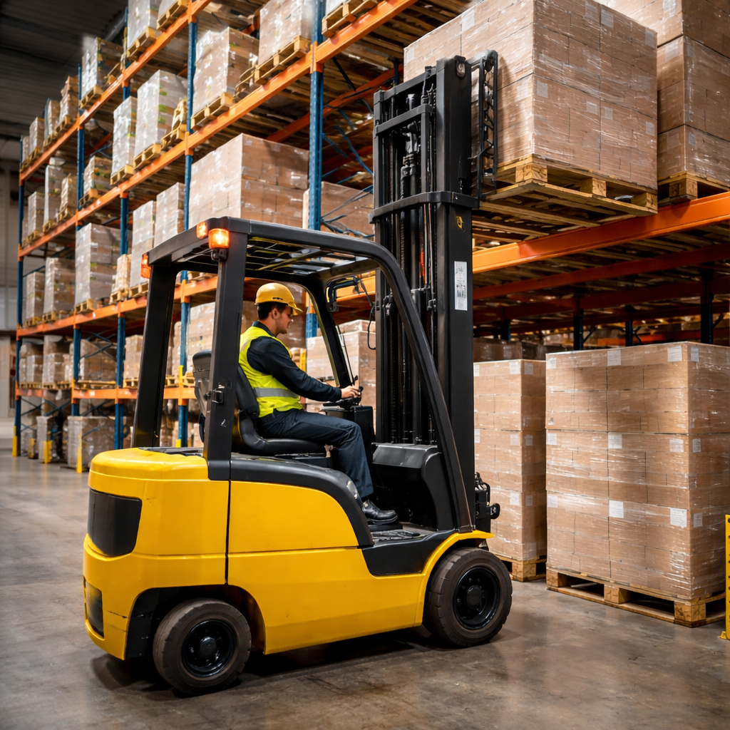 yellow forklift lifting a pallet of boxed materials onto warehouse shelving