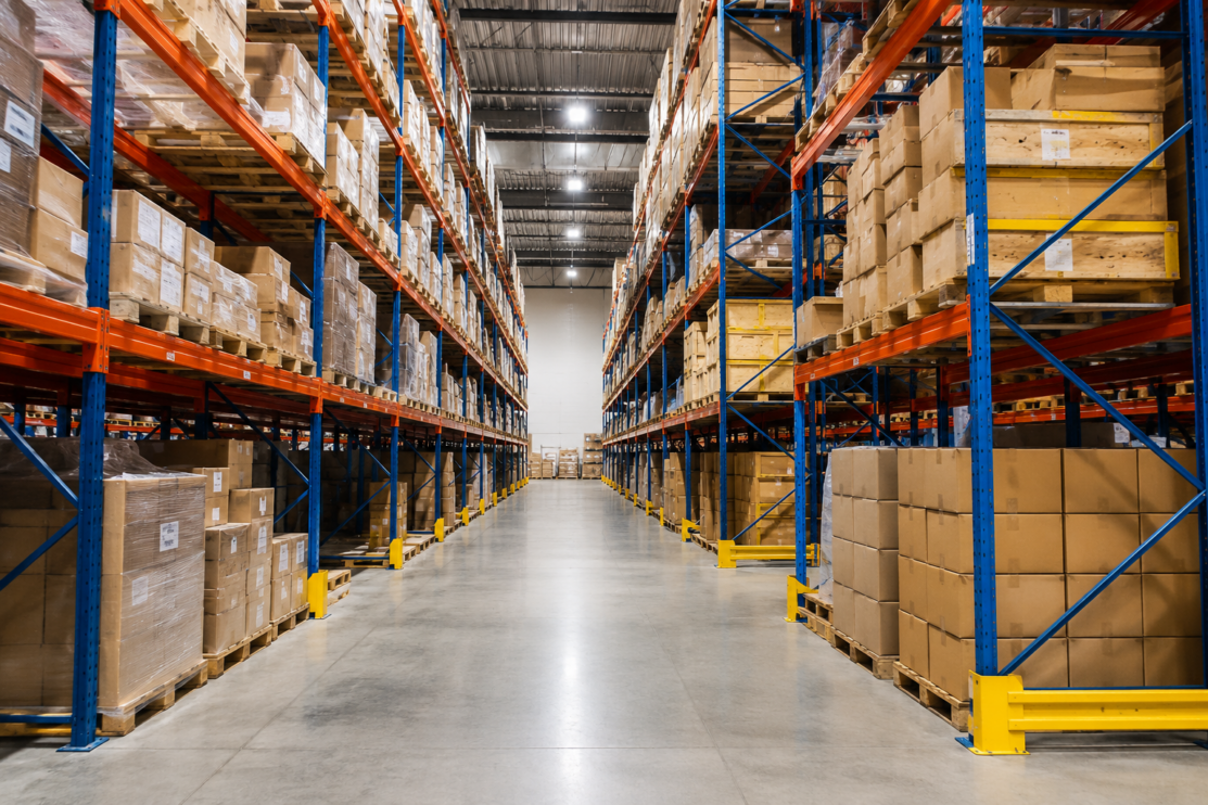 Wide aisle inside a modern warehouse with industrial pallet racking systems filled with boxed inventory and storage pallets.