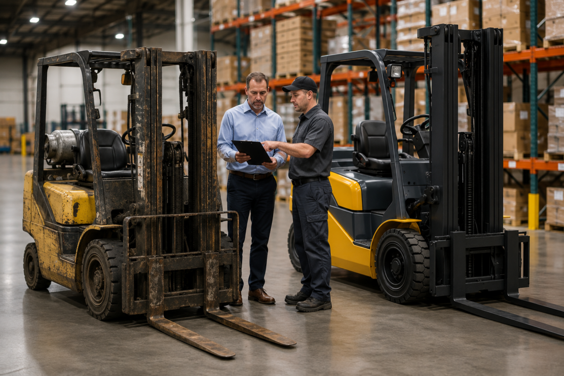 Warehouse manager comparing an older forklift with a new forklift to determine when to replace aging equipment