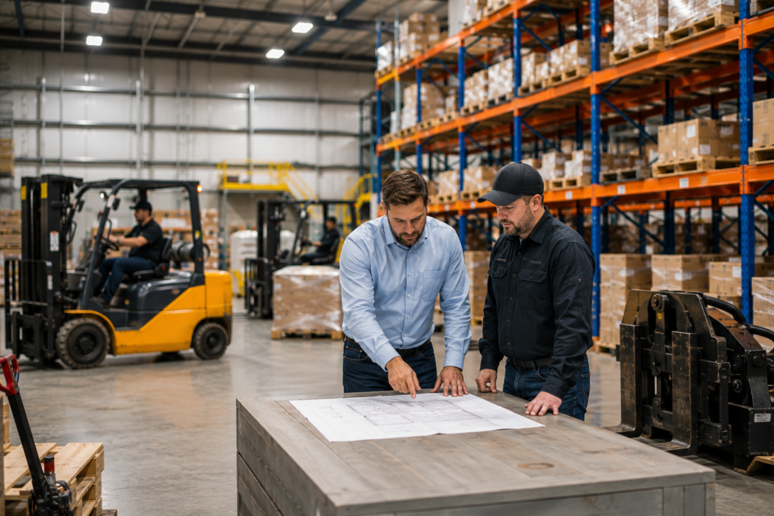 Lift Solutions team consulting with warehouse professionals on material handling equipment and warehouse operations