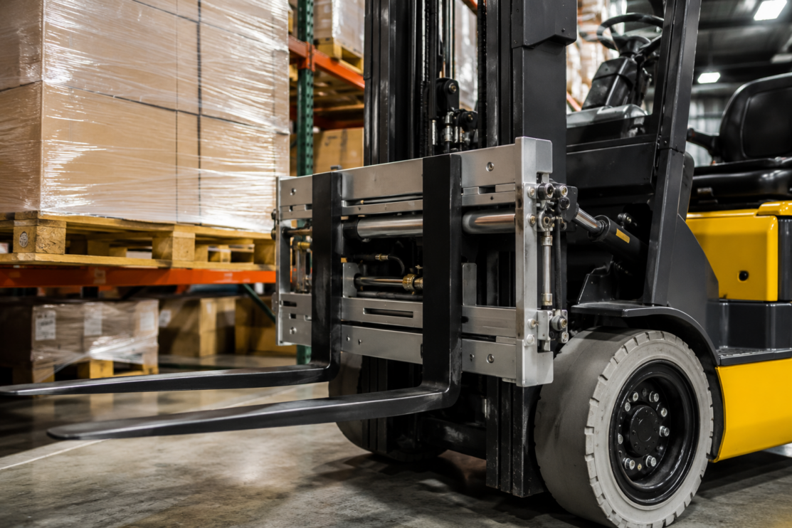 Forklift with a fork positioner attachment handling palletized inventory inside a warehouse