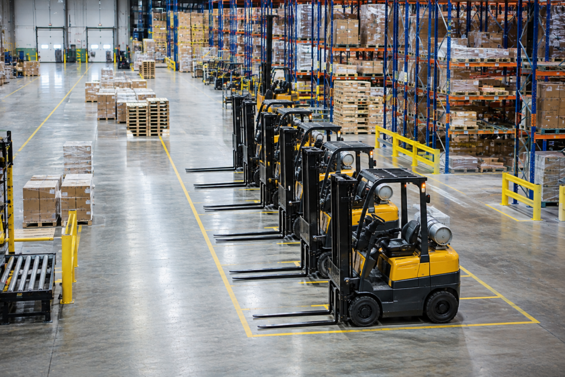 Standardized forklift fleet lined up inside an organized warehouse with pallet racking and material handling equipment