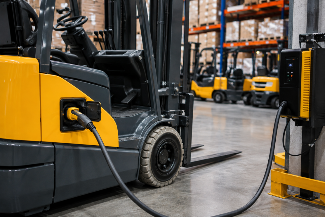 Electric forklift connected to a charging system for forklift battery management in a modern warehouse