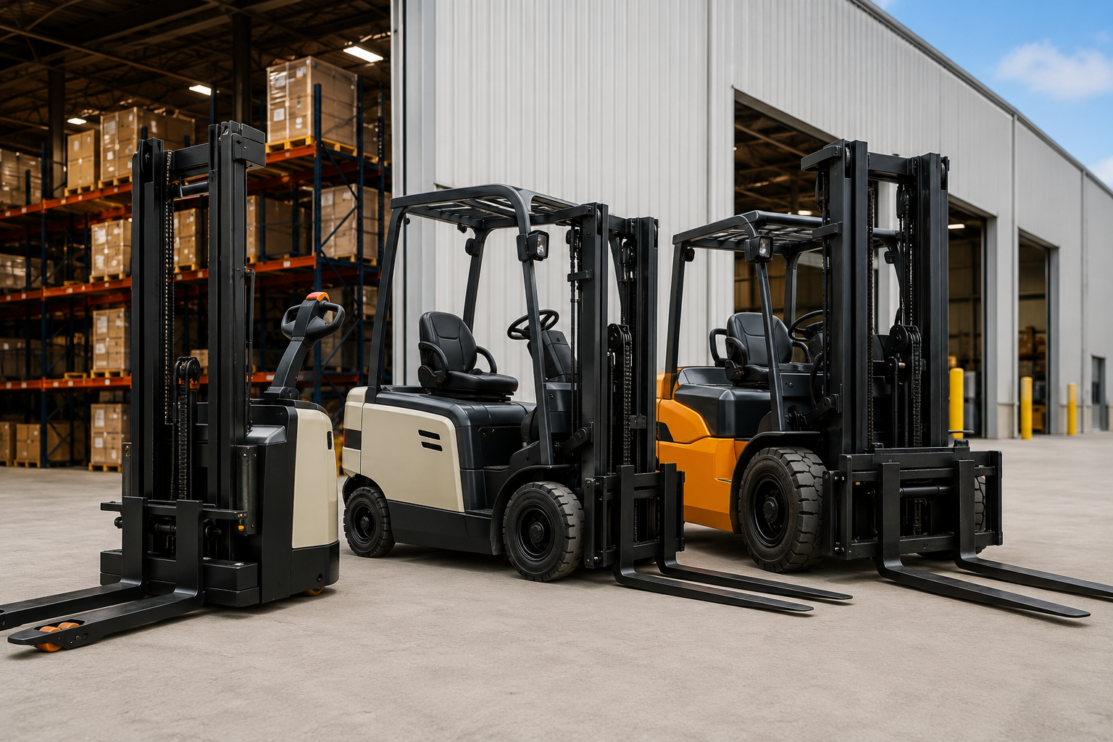 Multiple forklift types representing the equipment brands and material handling solutions available through Lift Solutions