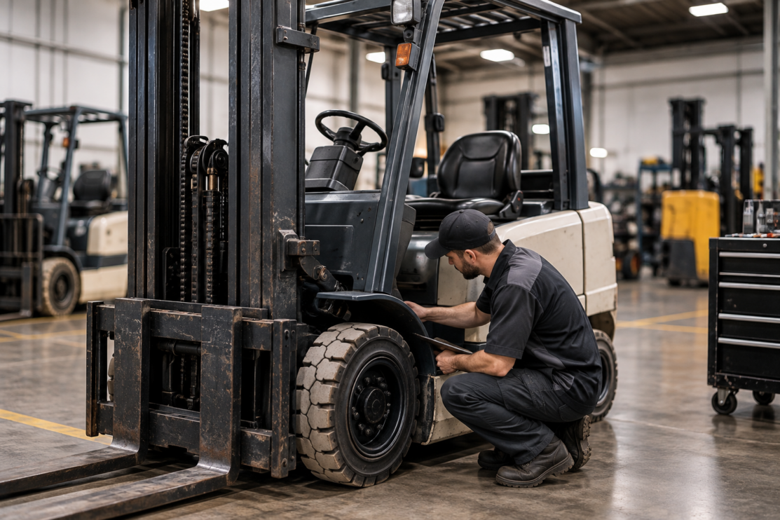 Technician inspecting a pre-owned forklift in an industrial service facility before the equipment is prepared for sale