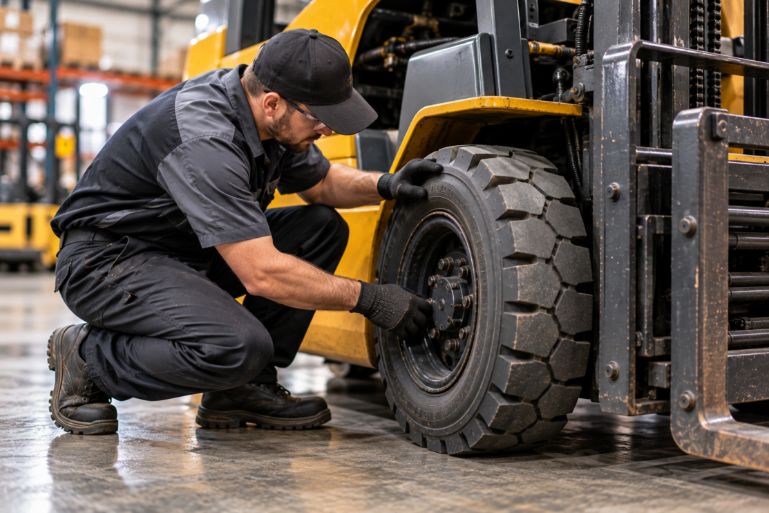Technician inspecting forklift tire wear to determine if tire replacement is needed.