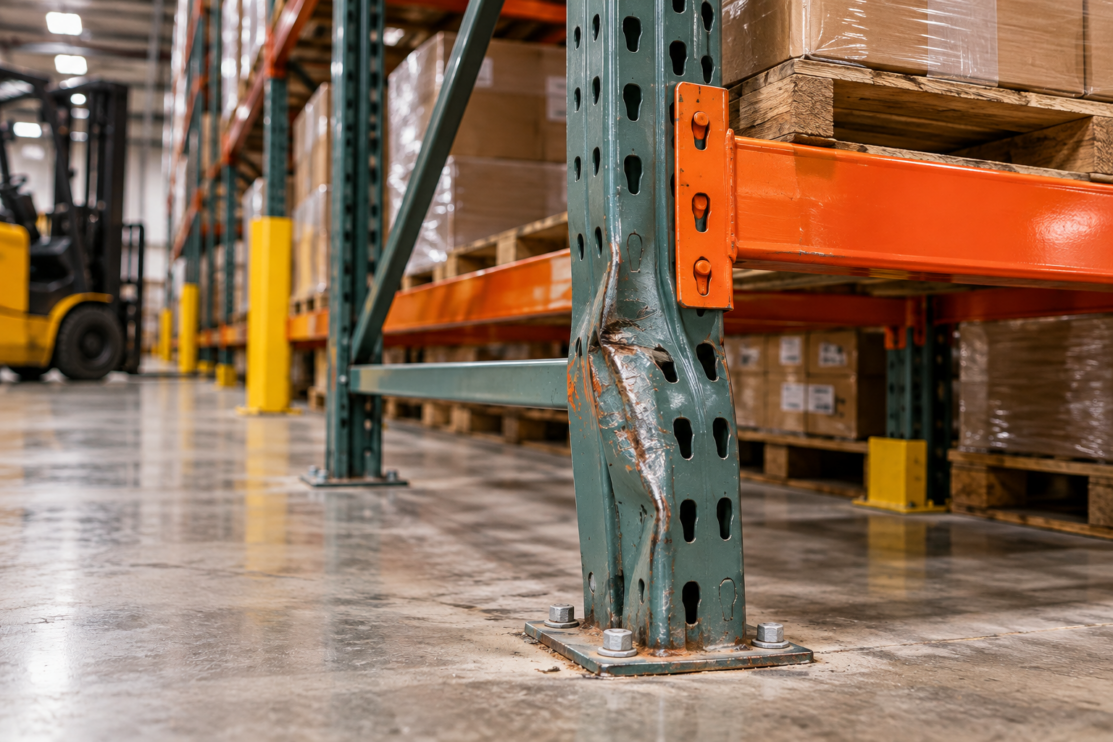 Damaged warehouse pallet rack upright with visible bending and forklift impact damage, highlighting the need for warehouse rack repair and inspection.
